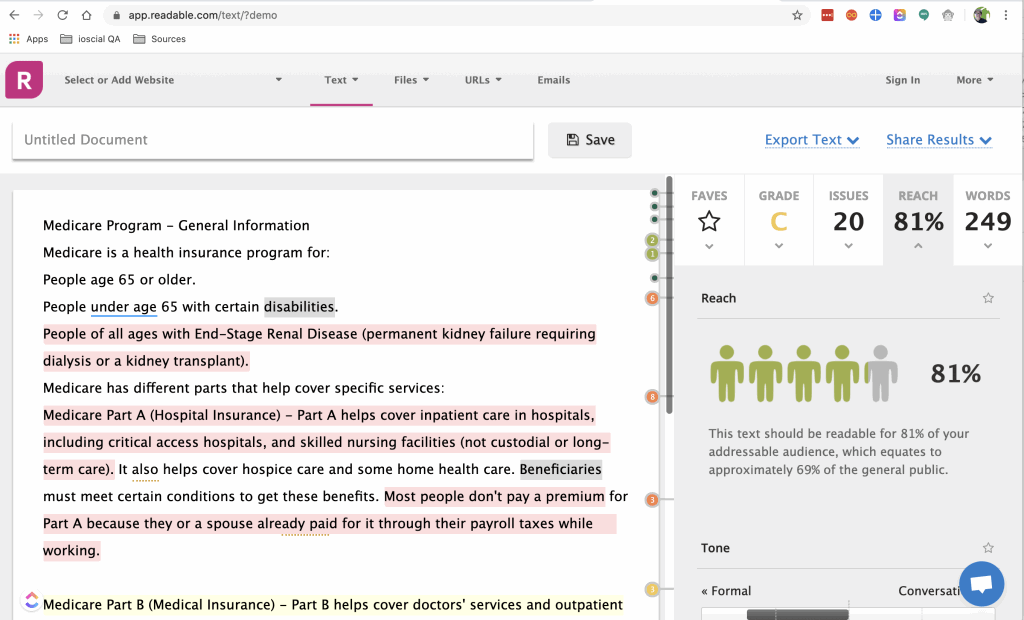 UX Readability Score Example