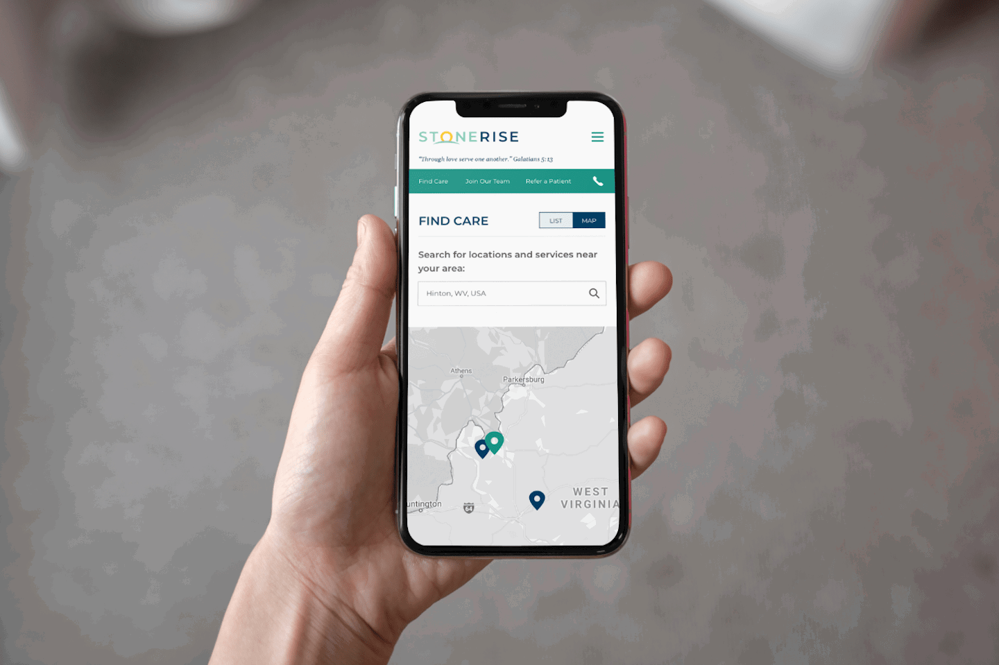 Stonerise Find Care Feature on a mobile device